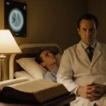 Doctor sits with worn medical book and patient on hospital bed in background showing X-ray tumor.