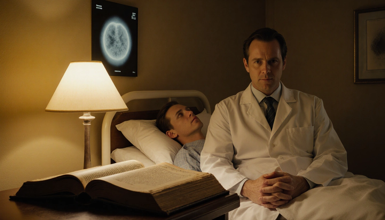 Doctor sits with worn medical book and patient on hospital bed in background showing X-ray tumor.