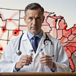 Doctor standing at podium holding a vaccination vial with a cityscape and measles outbreak map behind