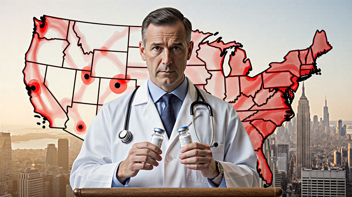 Doctor standing at podium holding a vaccination vial with a cityscape and measles outbreak map behind