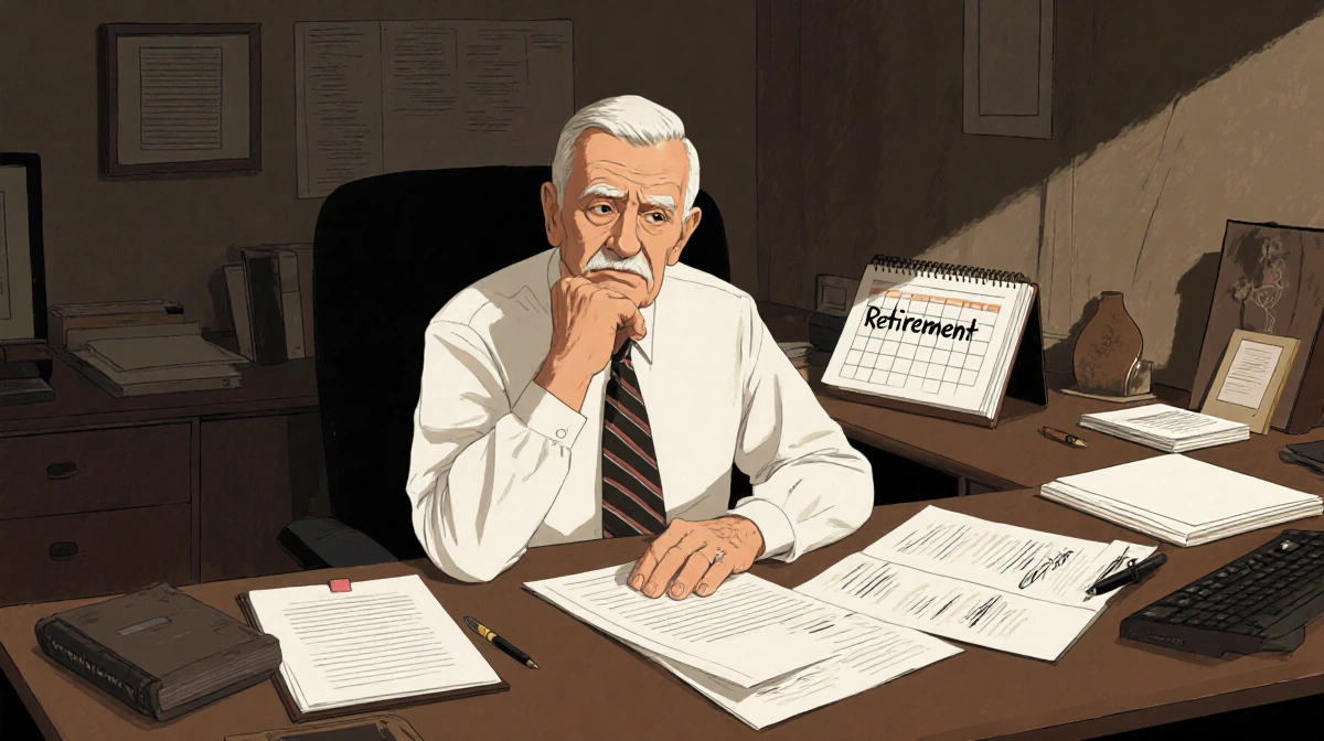 Older Dr. Charles contemplating retirement at his desk with papers and calendar showing retirement note