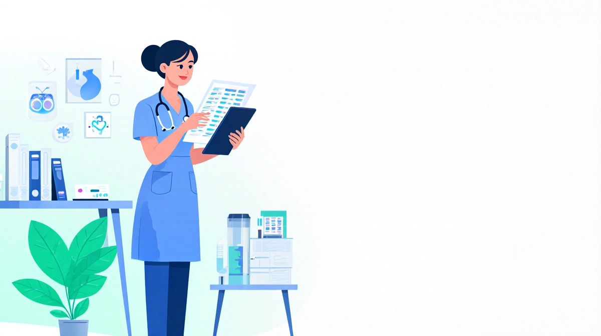 Healthcare provider reviewing patient chart on tablet with light blue green background showing medical office