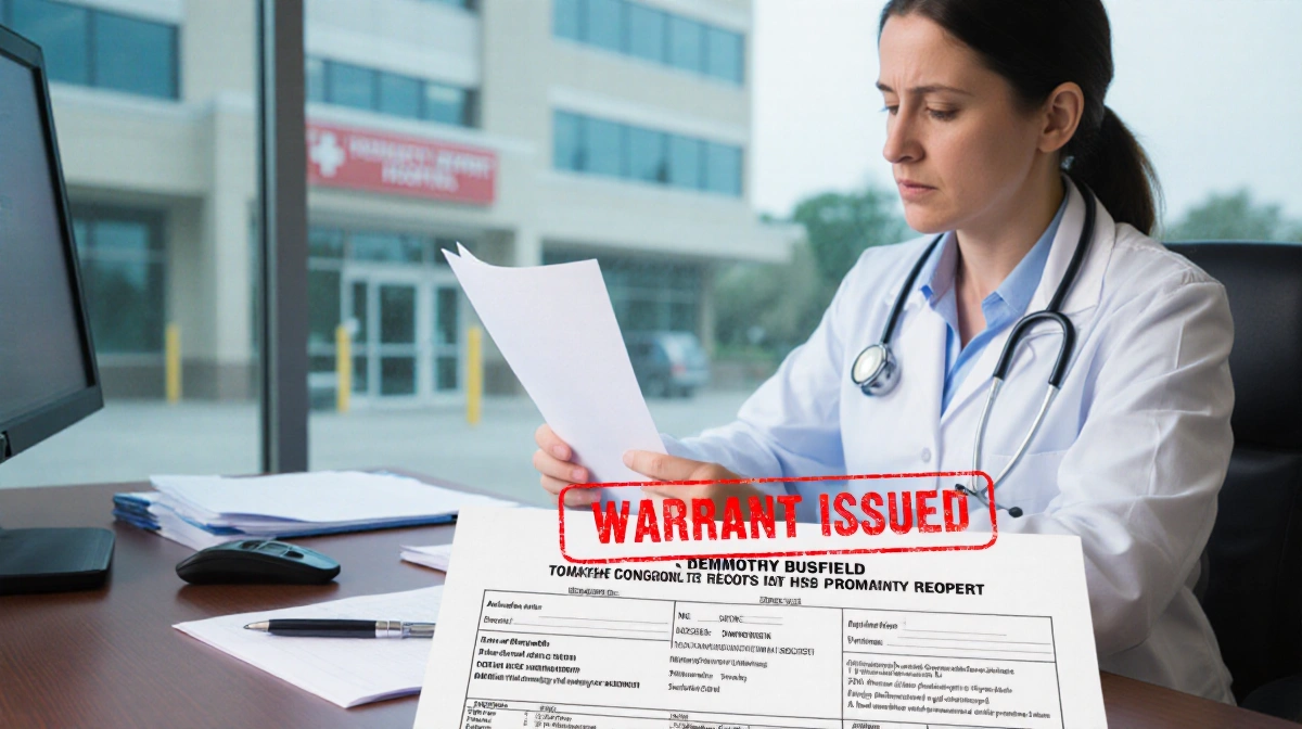 Doctor reviewing medical records with police warrant showing on desk and hospital visible behind