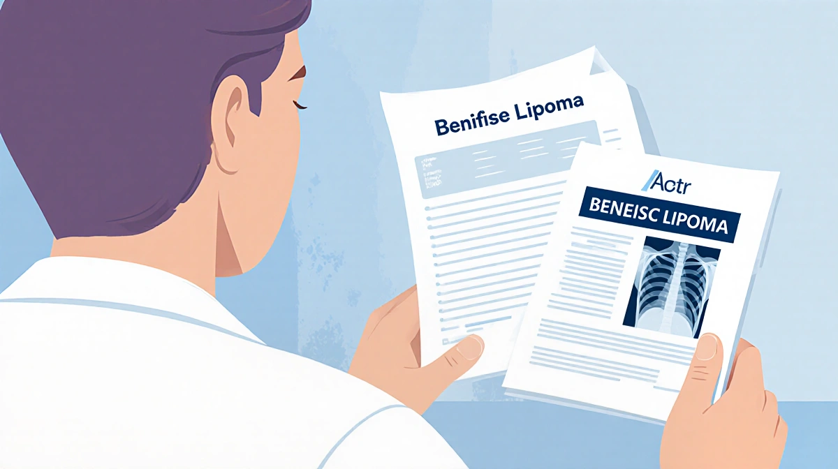 Doctor reviewing chest X-ray with medical chart showing benign lipoma diagnosis and hand on patient shoulder