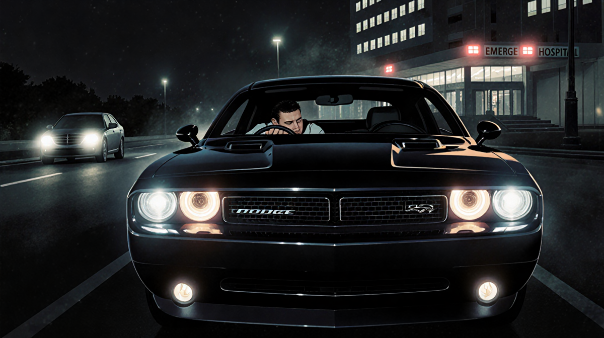 Dodge Challenger parked on dim road with headlights on and sleeping driver near flashing hospital lights