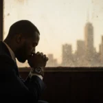 Defendant sitting in crowded courtroom with clasped hands on lap, bowed head reflecting somber mood near cityscape outside.