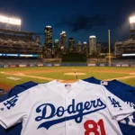 Los Angeles Dodgers jerseys folded neatly on field with city skyline glowing behind empty stadium seats