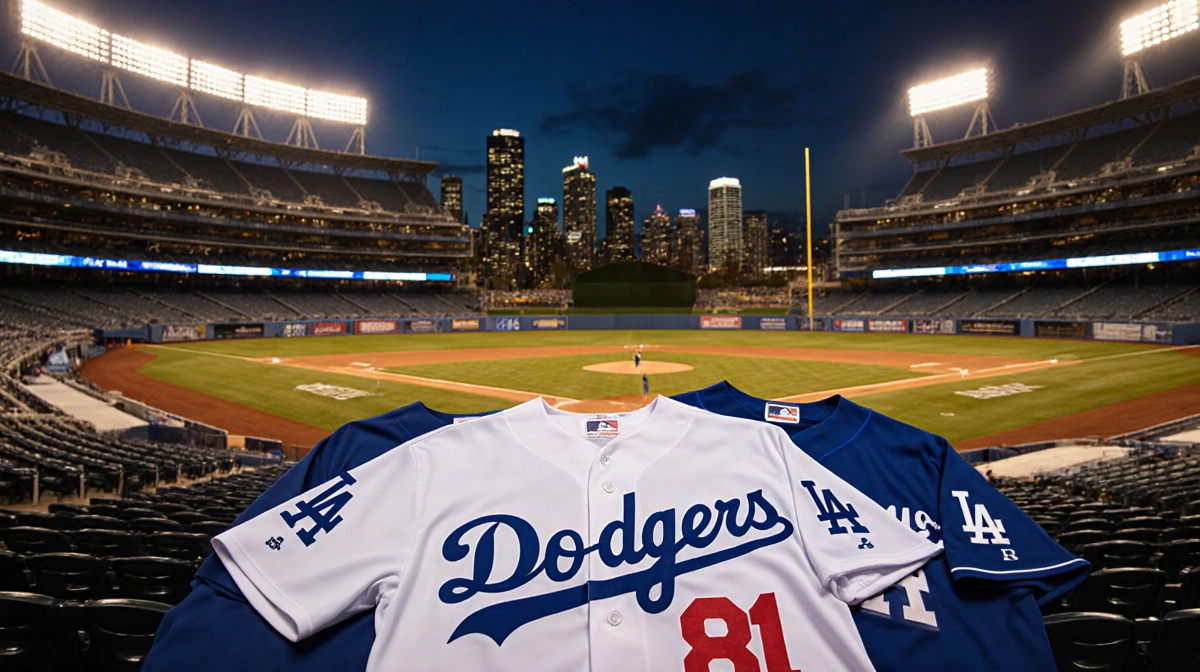 Los Angeles Dodgers jerseys folded neatly on field with city skyline glowing behind empty stadium seats