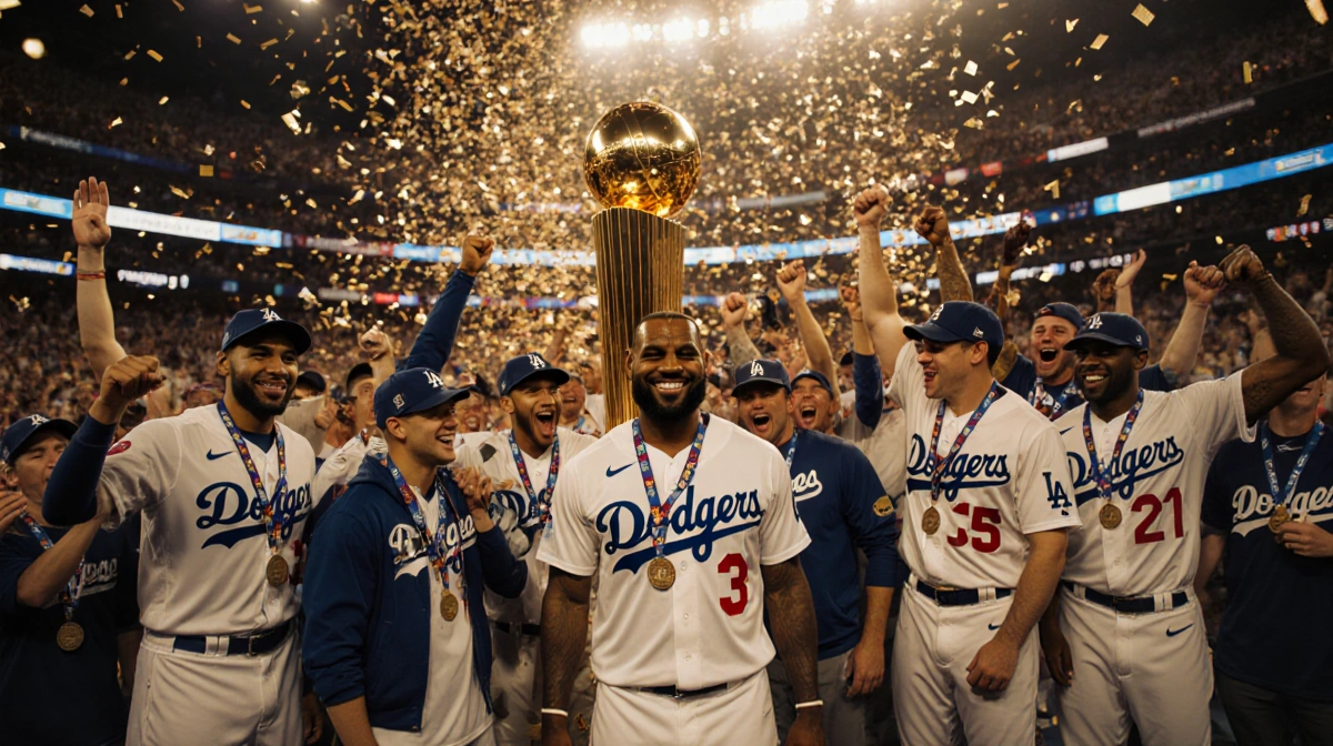 LeBron James standing proudly beside the World Series trophy with Dodgers players celebrating in a Los Angeles stadium.