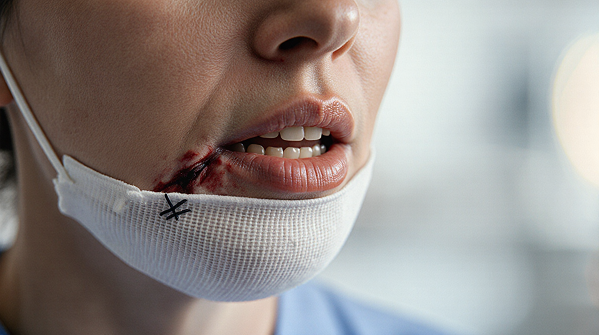 Woman's swollen lower lip opens slightly showing teeth with stitches and gauze from a dog bite injury in a medical setting.
