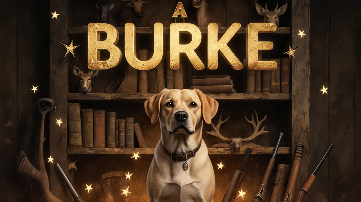 Dog stands before vintage bookshelf with hunting gear and glowing starlight showing determined expression