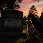 A scruffy brown dog sits beside a weathered gravestone with a lone figure kneeling in the quiet cemetery at sunset
