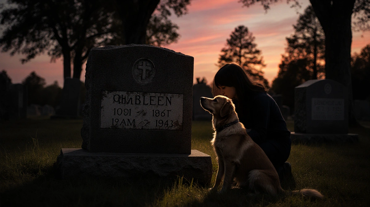 A scruffy brown dog sits beside a weathered gravestone with a lone figure kneeling in the quiet cemetery at sunset