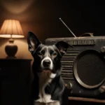 Dog sitting alertly before vintage radio with dust and scratches in dim room with flickering lamp