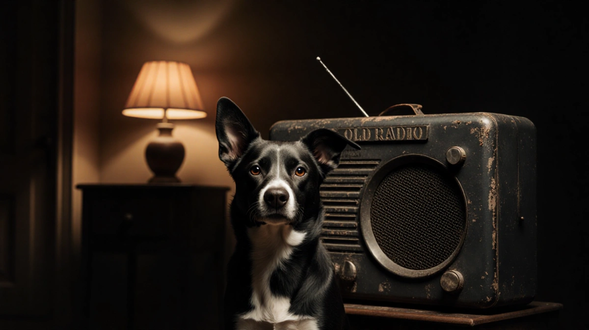 Dog sitting alertly before vintage radio with dust and scratches in dim room with flickering lamp