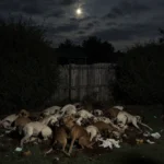 Two police officers stand over pile of dead dogs with trash and overgrown yard showing animal cruelty scene