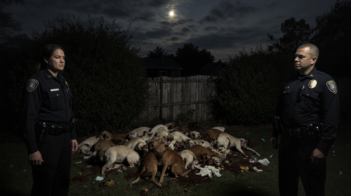 Two police officers stand over pile of dead dogs with trash and overgrown yard showing animal cruelty scene