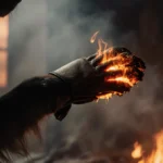 Dog paw holding charred heated glove with house window visible through smoke and fire glow on fur