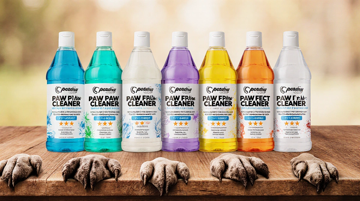 Seven paw cleaners line up on wooden table with ratings and dirty paw prints below