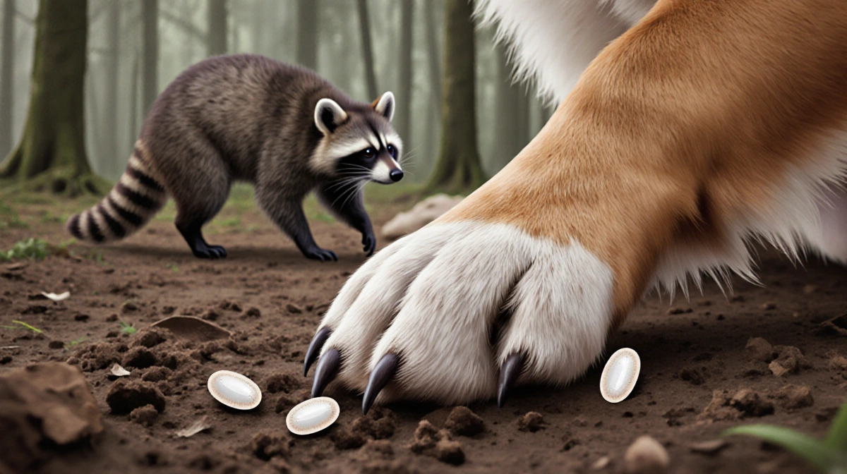 Dog paw showing raccoon roundworm eggs on fur with fecal matter and soil nearby