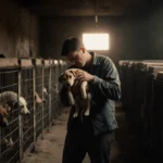 Rescuer cradling malnourished puppy from cage with rows of dogs and warm window light