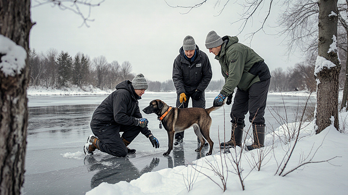 Rescue worker lifting a dog with icy pond and snow-covered trees.