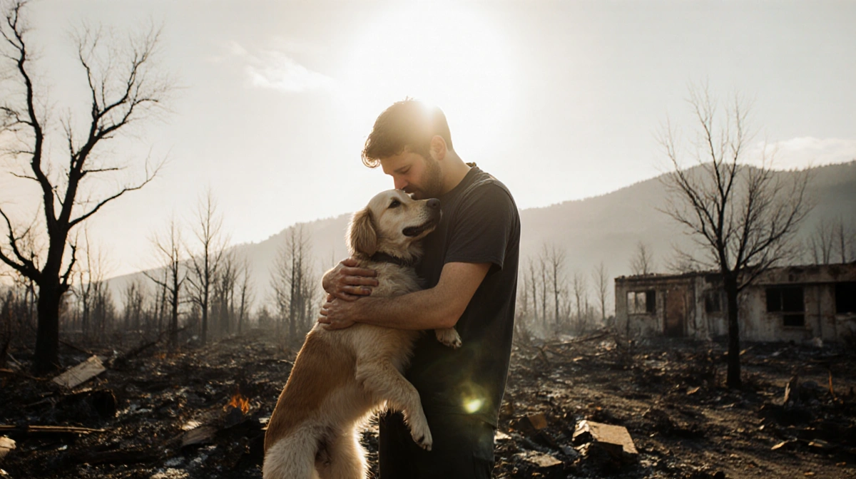 Young man tearfully embraces his dog Oreo with sunlit ashes and charred trees behind.