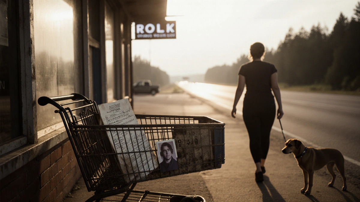 Dog walker stands beside old shopping cart with cryptic list and Polaroid showing man near highway and forest