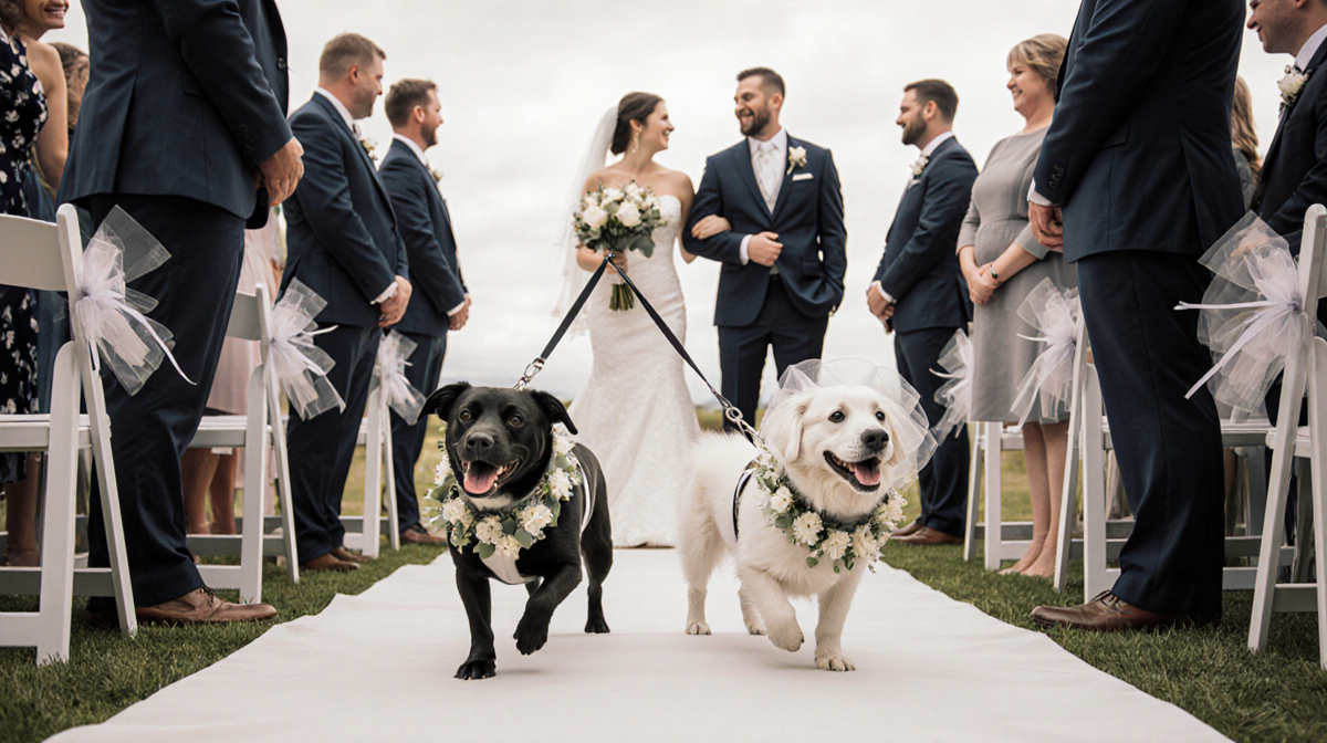 Leila and Everest walking down wedding aisle on leashes with bride and groom smiling