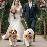 Two dogs walk as flower girls down aisle with bride smiling beside groom surprised in lush garden wedding.