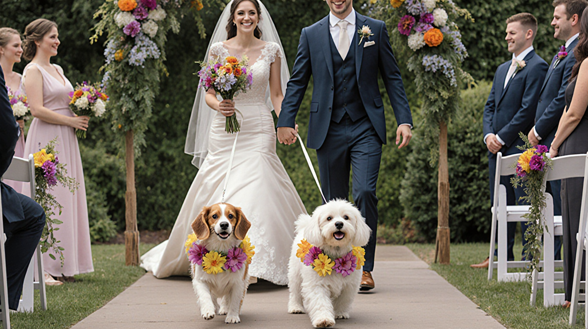 Two dogs walk as flower girls down aisle with bride smiling beside groom surprised in lush garden wedding.