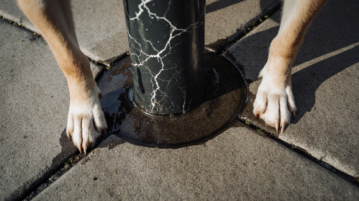 Dog stands frozen on wet pavement with crackling streetlight pole and spreading water trails