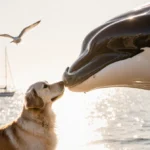 Golden retriever touching noses with a whale in ocean with sailboats and seagulls overhead