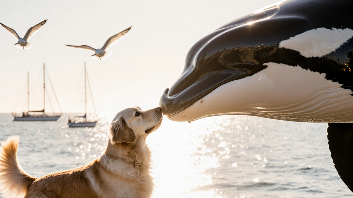Golden retriever touching noses with a whale in ocean with sailboats and seagulls overhead