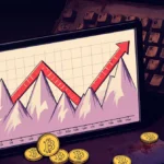 Cryptocurrency graph crashes downward with dogecoin coins scattered near retro keyboards