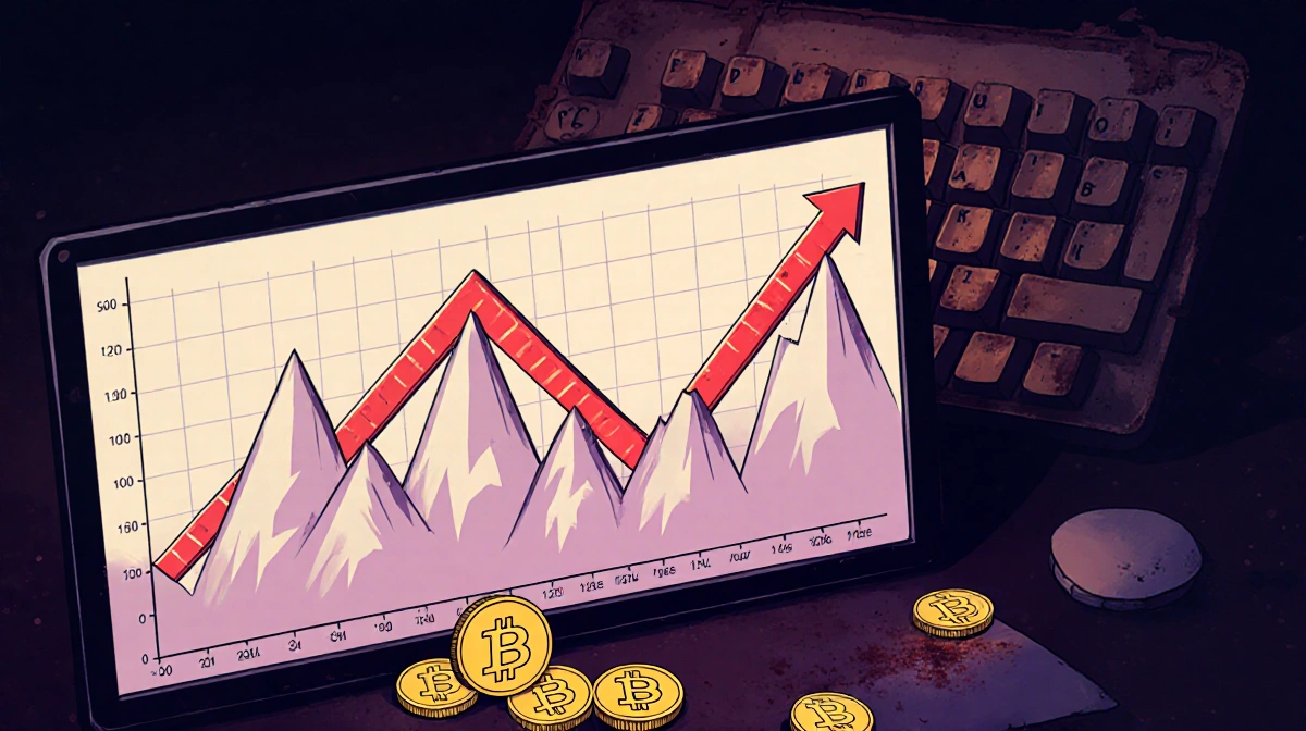 Cryptocurrency graph crashes downward with dogecoin coins scattered near retro keyboards