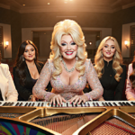 Dolly Parton plays piano surrounded by Queen Latifah and Reba McEntire and Miley Cyrus and Lainey Wilson in light.