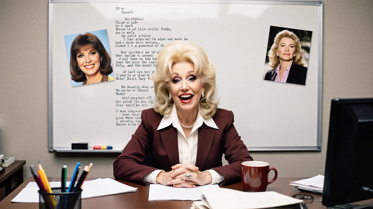 Dolly Parton sits at whiteboard with 9 to 5 script and coffee while smiling with Lily Tomlin and Jane Fonda photos nearby