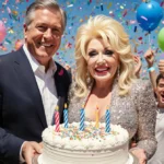 Dolly Parton celebrating her birthday with Tennessee governor and giant cake surrounded by cheering country music fans