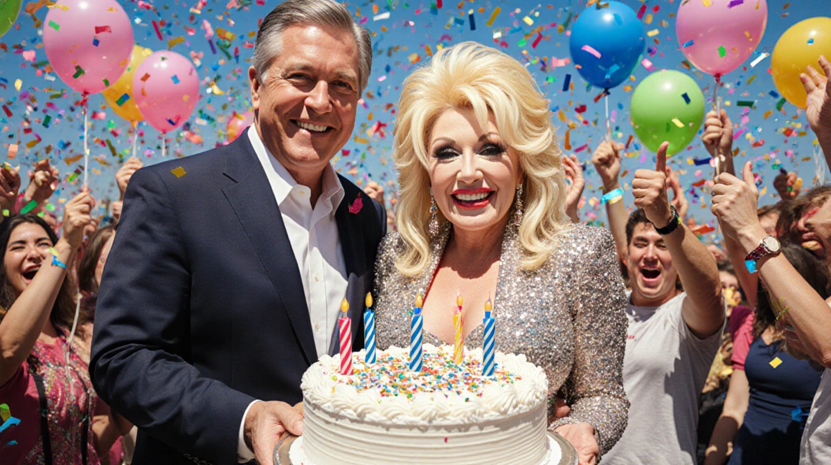 Dolly Parton celebrating her birthday with Tennessee governor and giant cake surrounded by cheering country music fans