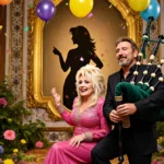 Dolly Parton sits with confetti and balloons above while Bono holds a bagpipe player in golden music celebration