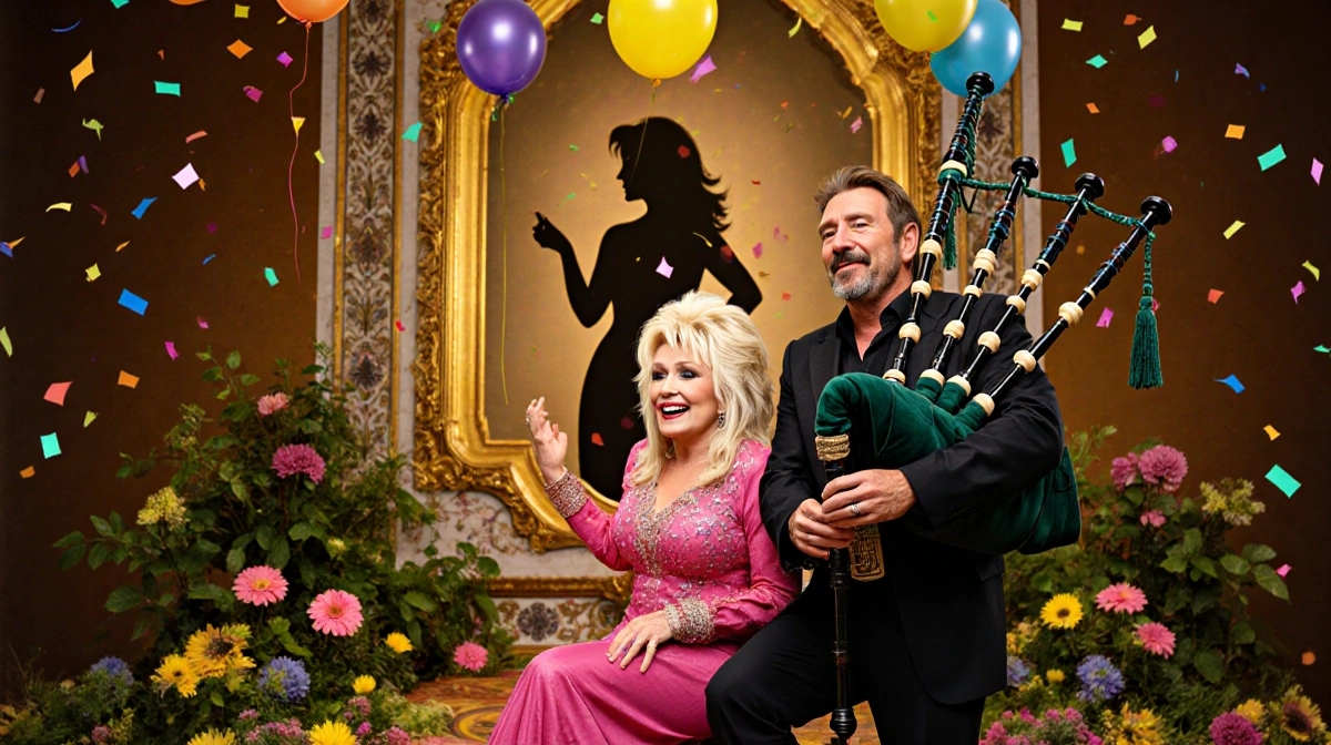 Dolly Parton sits with confetti and balloons above while Bono holds a bagpipe player in golden music celebration
