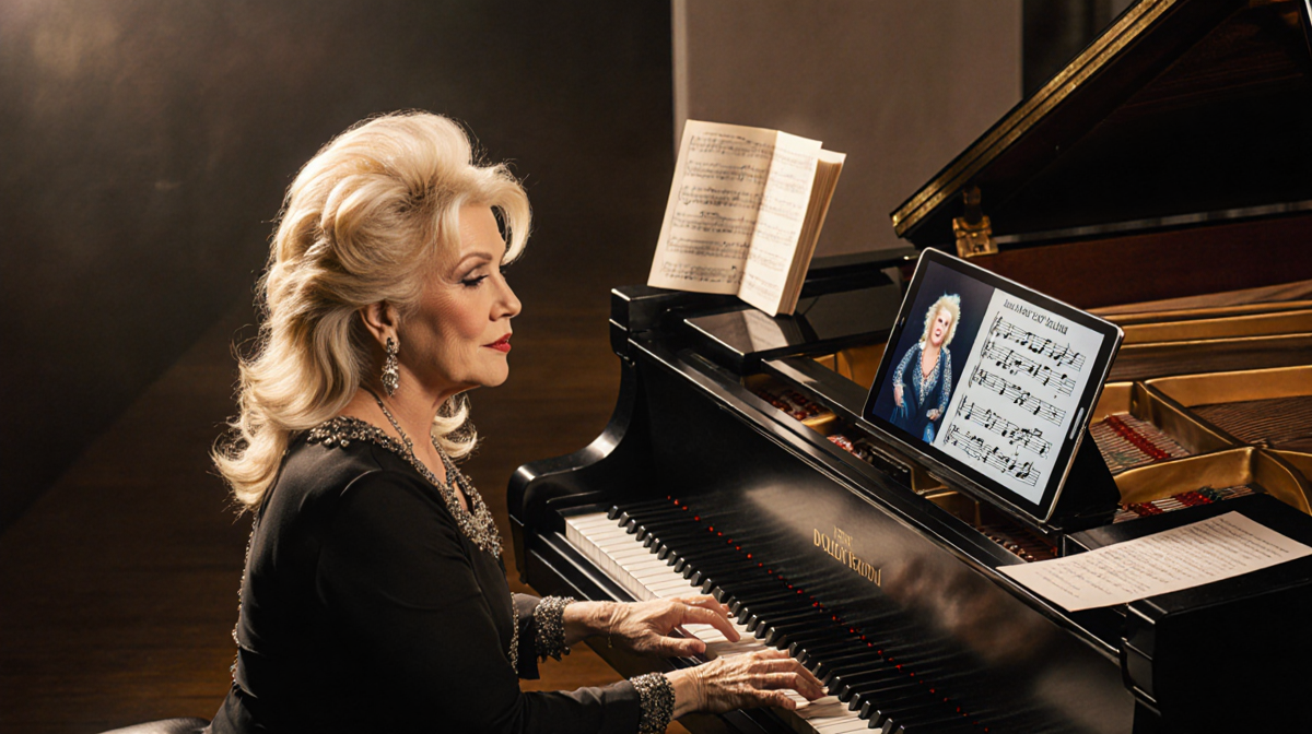 Dolly Parton sits at a piano with a tablet playing a modern version of her song and sheet music surrounding her