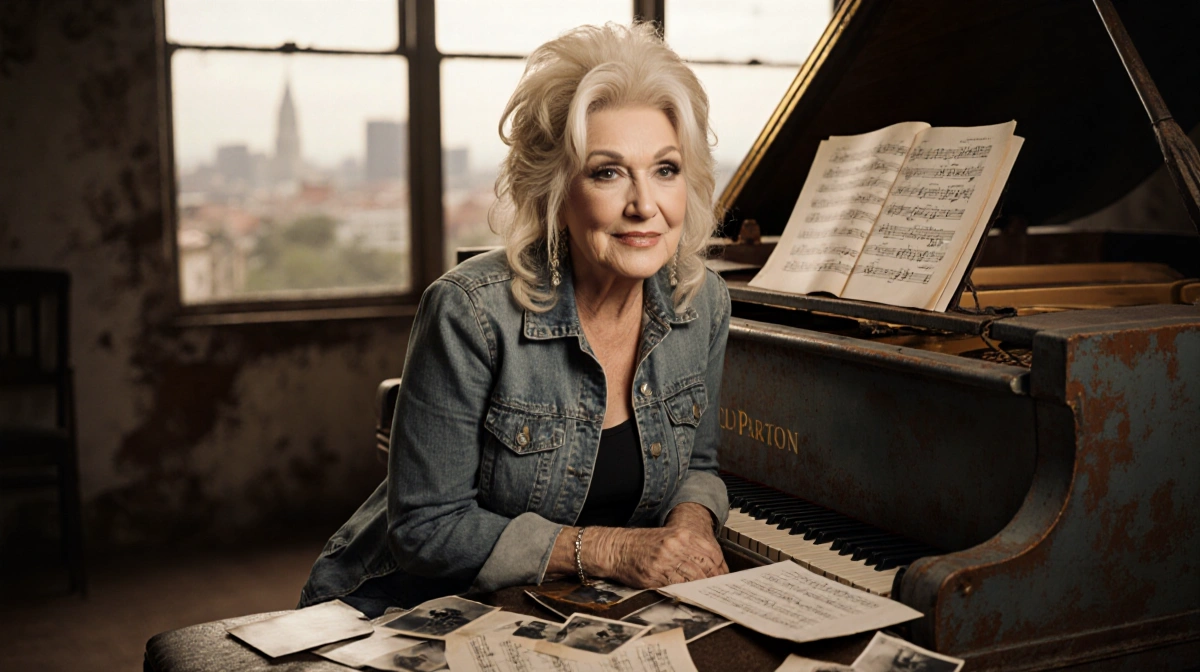 Dolly Parton sits at worn piano with sheet music and photos showing her resilient spirit and passion for music