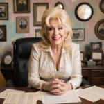 Dolly Parton smiles warmly at her desk with vintage guitars and music sheets showing her creative songwriting space