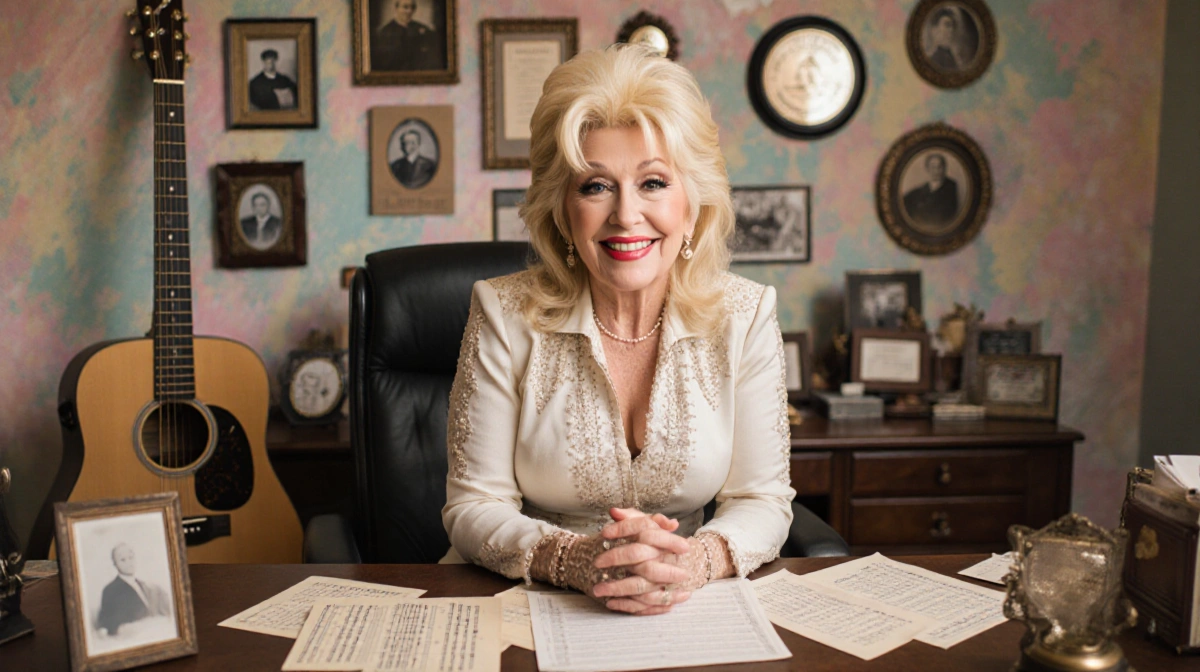 Dolly Parton smiles warmly at her desk with vintage guitars and music sheets showing her creative songwriting space