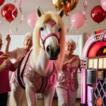 Seniors dance around jukebox with sparkly Dolly Parton outfits and pony in blonde wig beside microphone