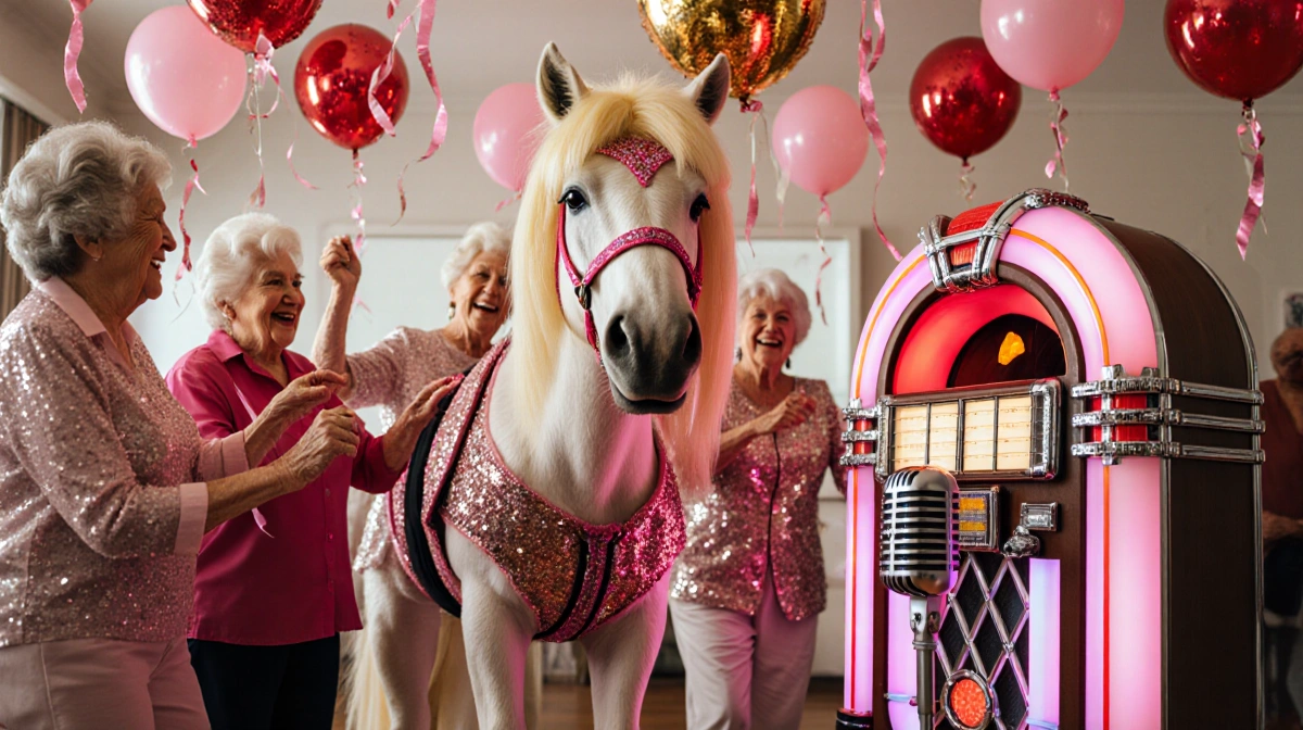 Seniors dance around jukebox with sparkly Dolly Parton outfits and pony in blonde wig beside microphone