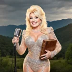 Dolly Parton singing on stage with rhinestone microphone and leather book against Smoky Mountains backdrop