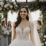 Bride smiling alone with lace gown and veil beneath dappled light near lush greenery arbor